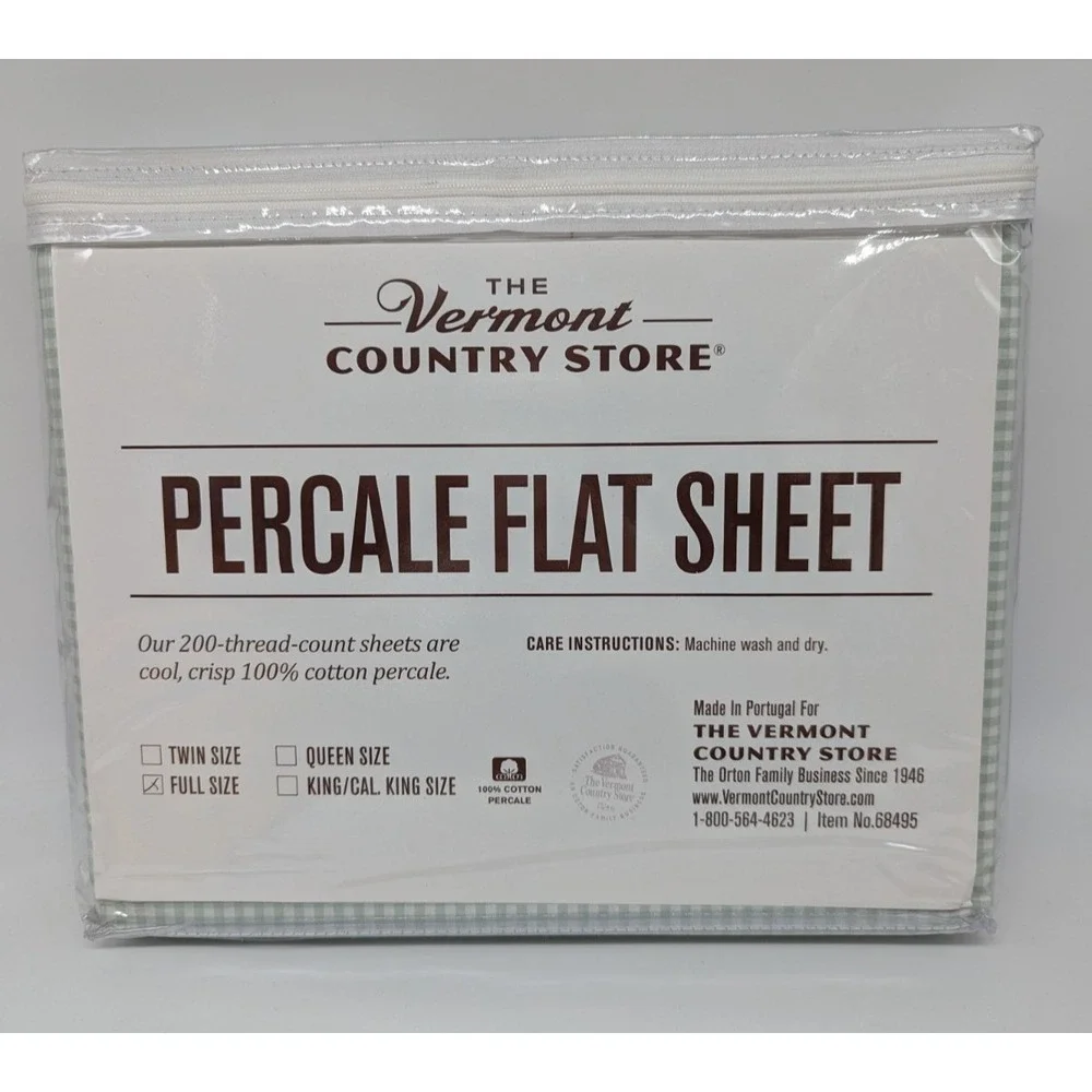 Vermont Country Store FLAT SHEET ONLY  100% Cotton Percale Green Gingham Cottage